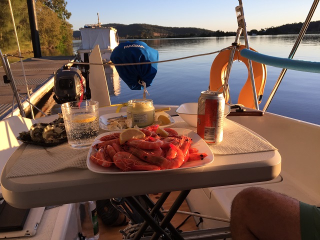 Sundowners on the Clarence at Maclean. Local prawns - from the many trawlers we've seen on the river.