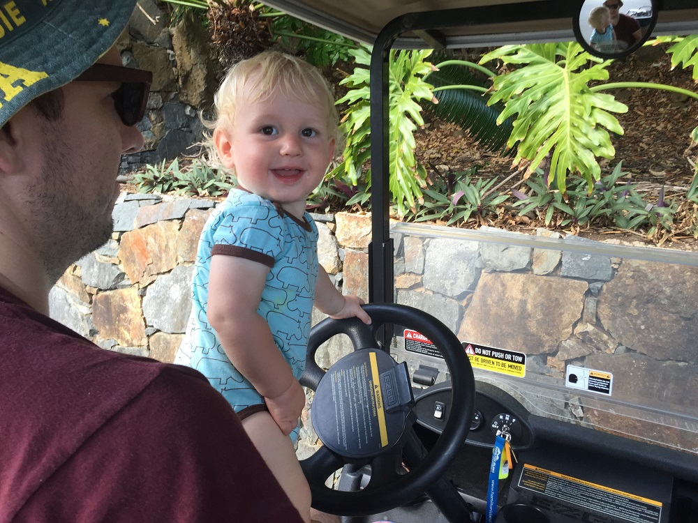 Hey Dad, I'll show you how to drive a golf buggy. You start by blowing the horn.