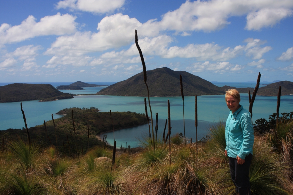 Denise on Mt Oldfield, with Shaw Island in the background.