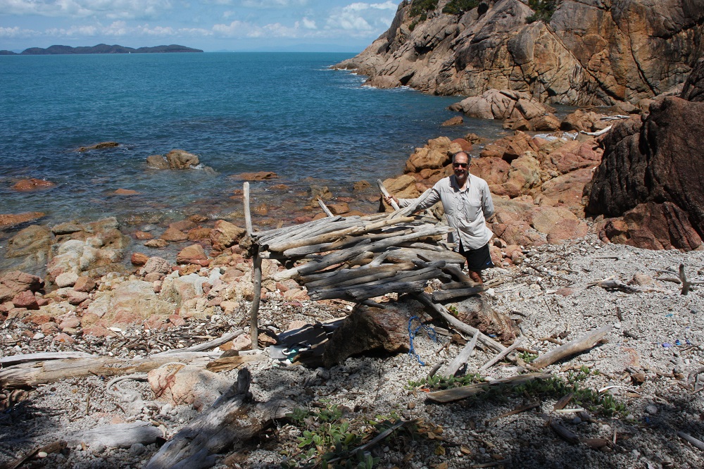 Great discovery - a lean-to made from driftwood by a previous visitor to this delightful bay.