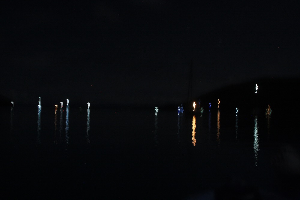 The anchor lights of the yachts in Nara Inlet. These are just the yachts that are anchored west of us. There'd be twice that number anchored in the opposite direction.