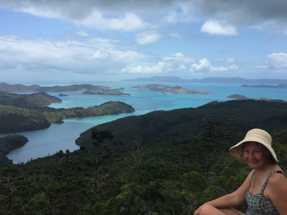 Looking south from Whitsunday Peak. Gulnare Inlet in the foreground, Hamilton Island top left with Dent Island just to the east of it.