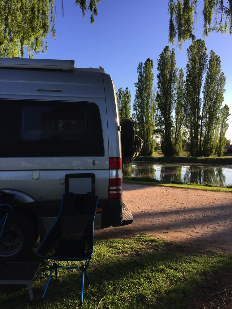 Our campsite by the Canal in Griffith. It's a lovely grassed area that extends for a couple of hundred metres with a park in front of us.