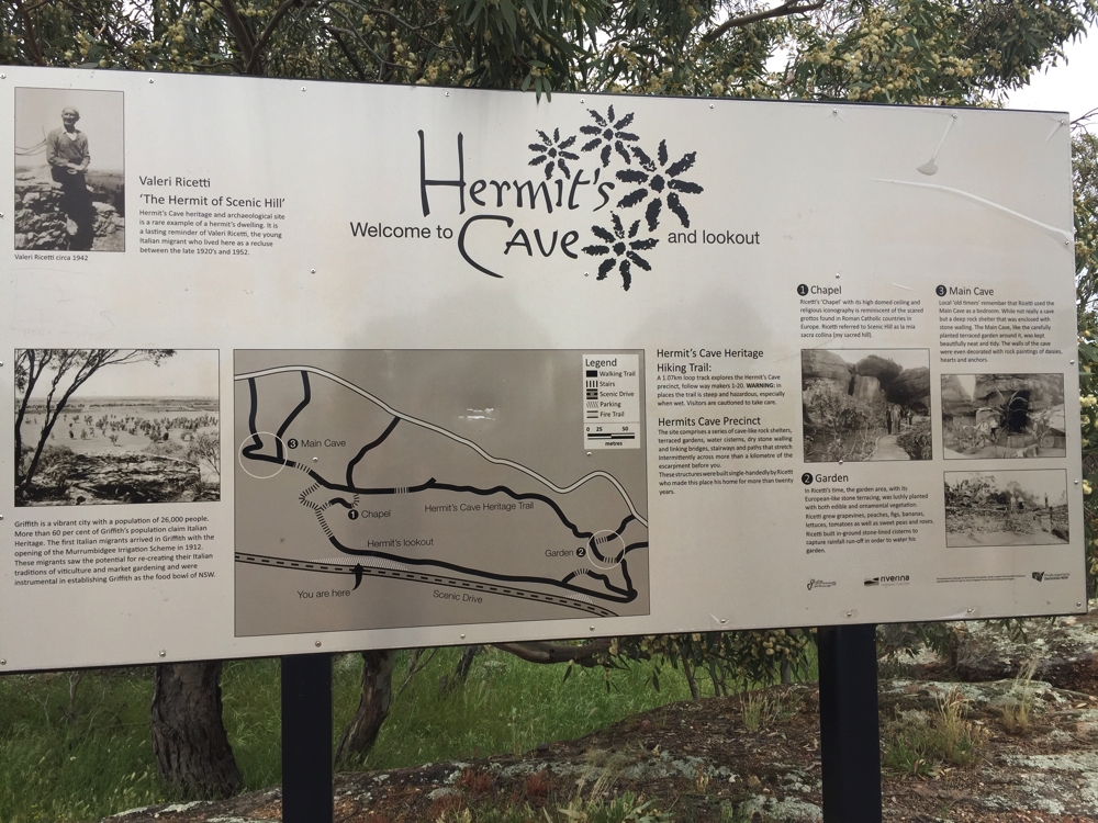 An information board about the Hermit of Griffith. He sounded like a very interesting person in his day.