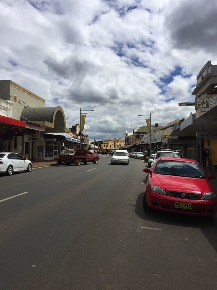The crooked main street in West Wyalong. This town was not planned and just grew up around the bullock track which dodged around trees, hence the kink in the road.