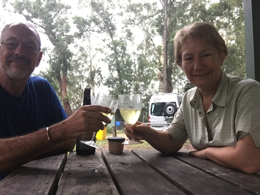 Celebrating the beginning of our coddywomple with a glass of champagne. Bangalow Campground, Watagans NP.
