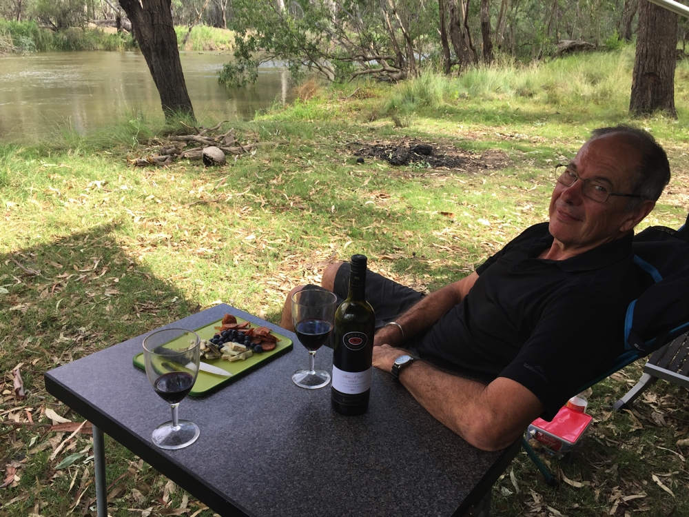 At Lumby's Bend on the Murray. Wine o'clock is all local produce, including the Durif from Rutherglen.