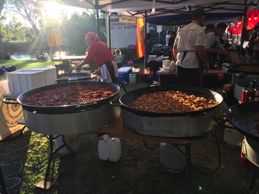 At the Cork and Fork Festival at Noreuil Park on the banks of the Murray. Paella!