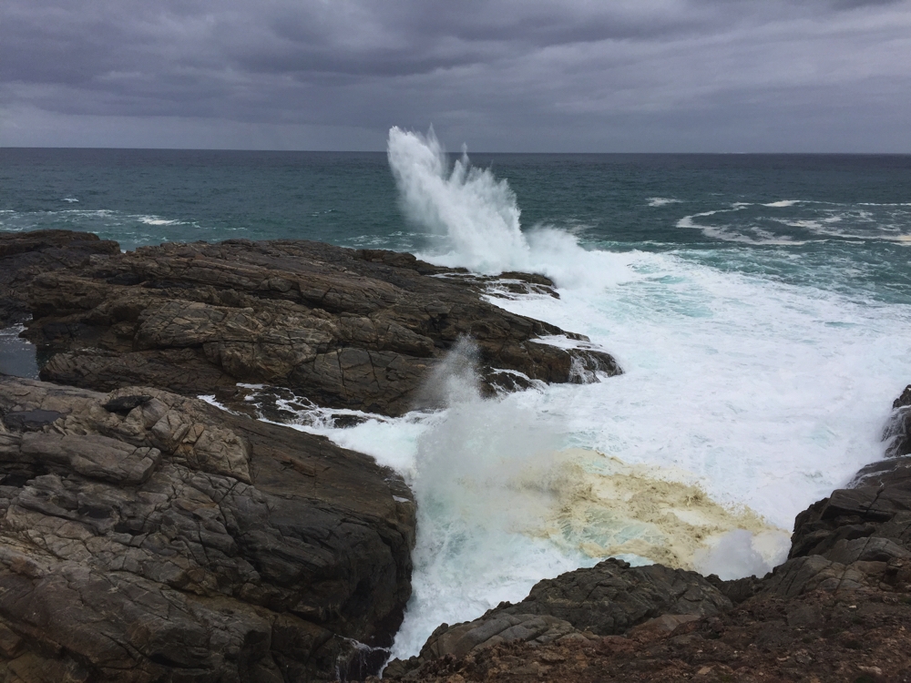 Waves crashing onto the rocks at Cape Carnot. Note the 'washing machine' of turbulent water closer to shore.