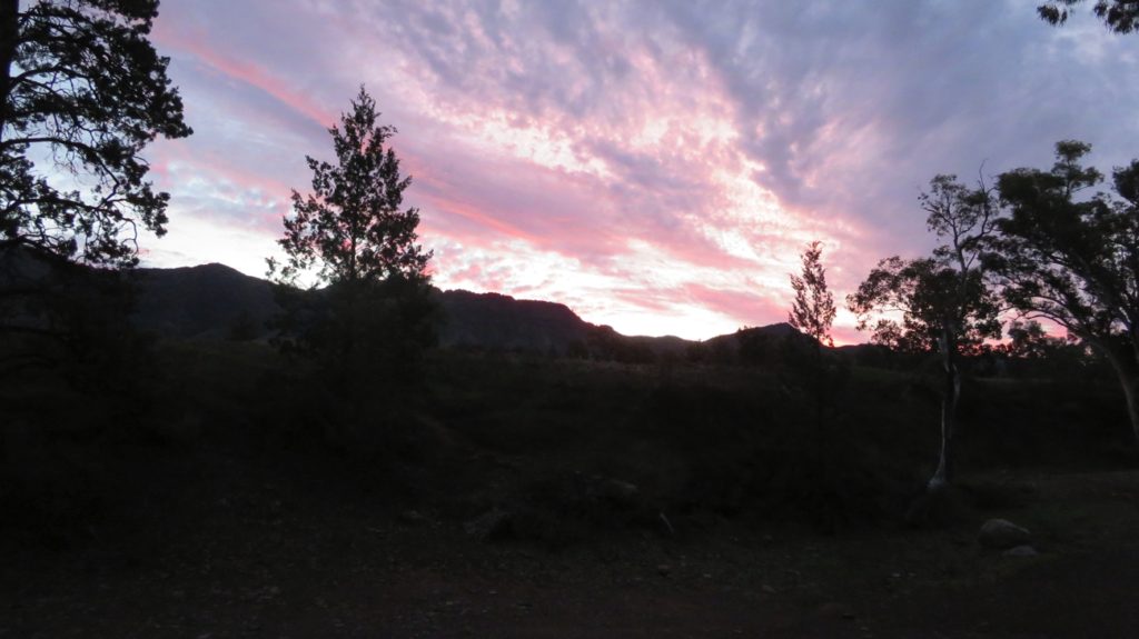 A glorious sunset over the range from our campsite at Aroona Ruins.