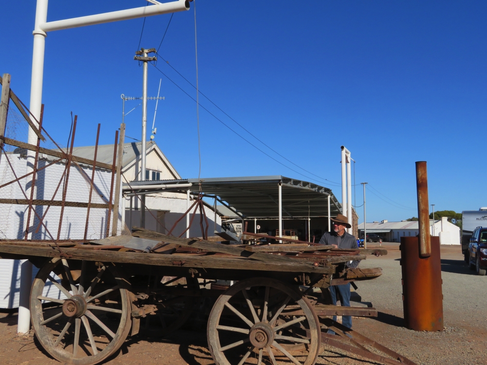 The original shearing shed is in the background. This is the trolley and lifting apparatus used to haul the big bales of wool.