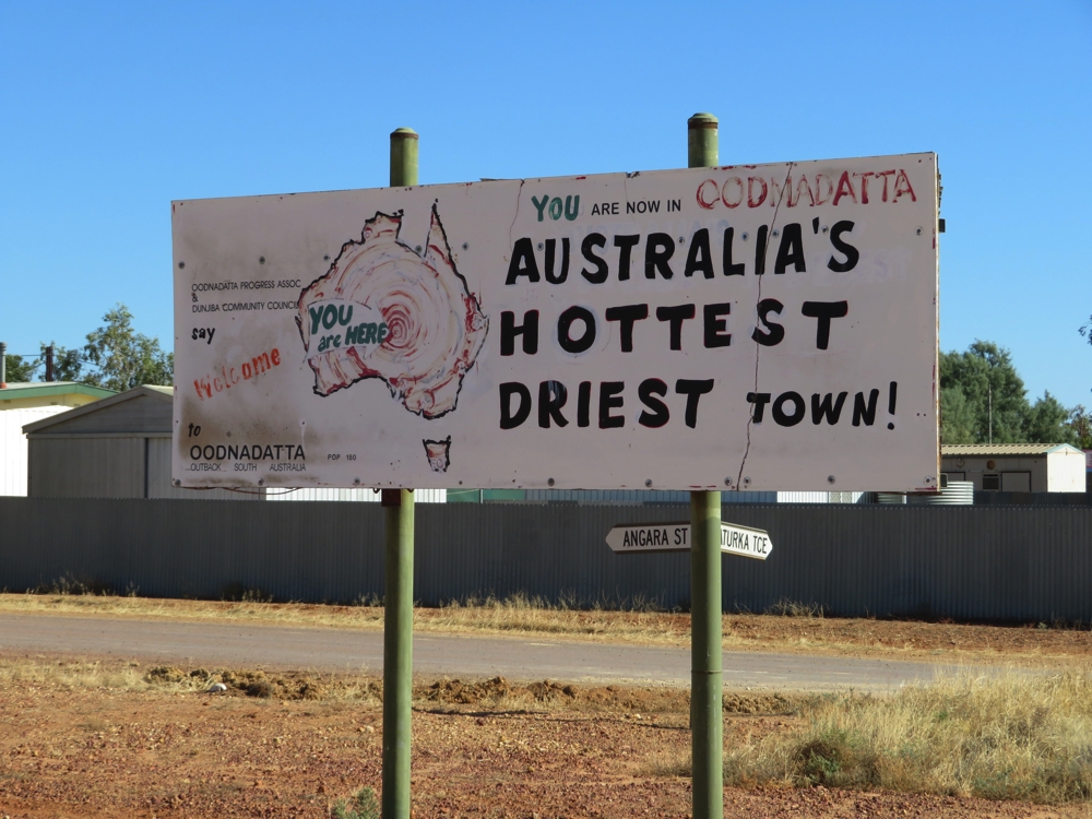 The welcome sign into Oodnadatta.