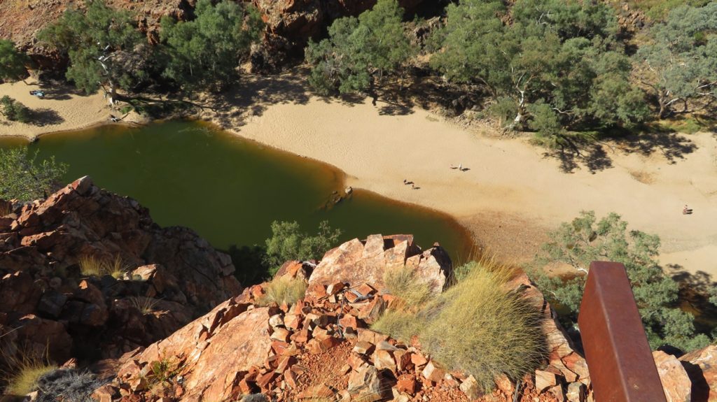 Overlooking the pool at Ormiston Gorge. Once more beautiful white sands in the river bed, while the cliffs at dark red.