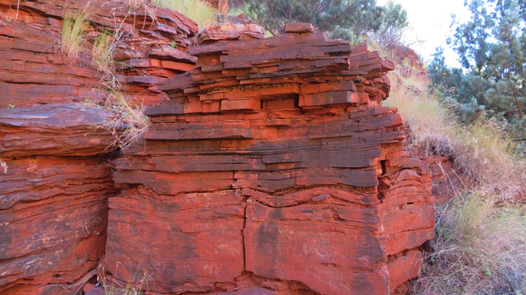 The magnificent compressed rock layers of Karijini. It looked like a large text book had been placed open, face down, and a whole lot of books stacked on top of it.